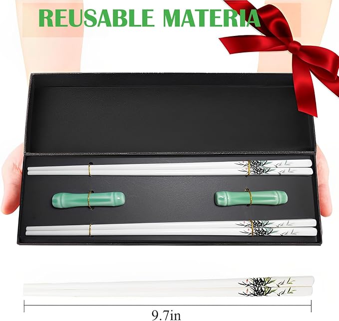 Porcelain Chopsticks, Green Bamboo,2 Pairs with Ceramic Holder | Reusable, Delicate Box,Dishwasher Safe, Chinese Japanese Korean Classic Stylish