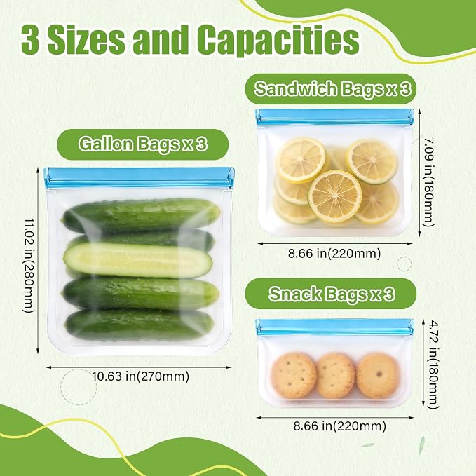 9 Pack Silicone Reusable Freezer Bags Set, 3 Sizes (Gallon/Snack/Sandwich) - Airtight, BPA-Free Reusable Plastic Bags for Food Storage & Lunch Container Organization Lock Bags