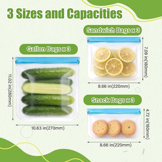 9 Pack Silicone Reusable Freezer Bags Set, 3 Sizes (Gallon/Snack/Sandwich) - Airtight, BPA-Free Reusable Plastic Bags for Food Storage & Lunch Container Organization Lock Bags
