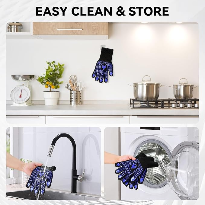 BBQ & Grill Gloves, Oven Gloves, 1472°F Silicone Oven Mitts Heat Resistant Grilling Gloves Fireproof Non-Slip for Barbecue Cooking Baking Smoking, 1-Pair (Blue, Large)