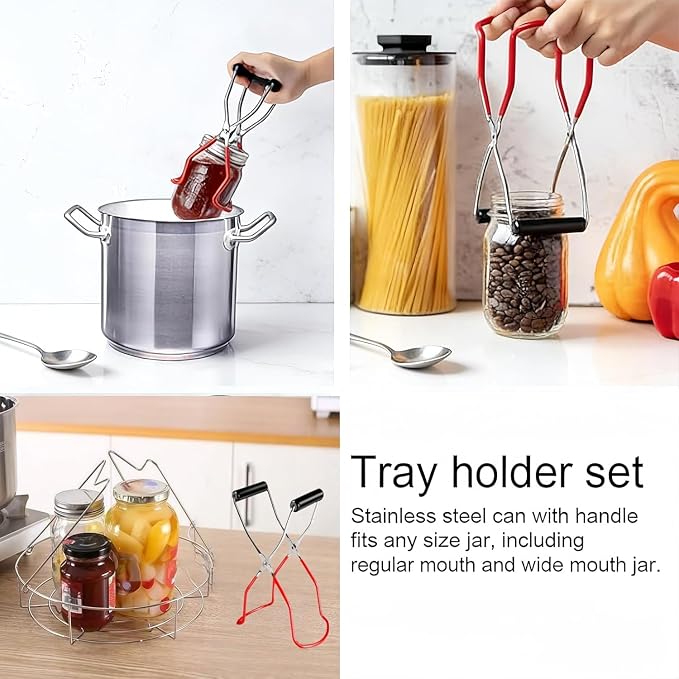 Stainless Steel Canning Rack with Jar Lifter Tongs, 12 Inch, 2-Piece Set | Heavy-duty canning basket separates mason jars for even water flow; fits water bath and pressure canners plus stock pots.