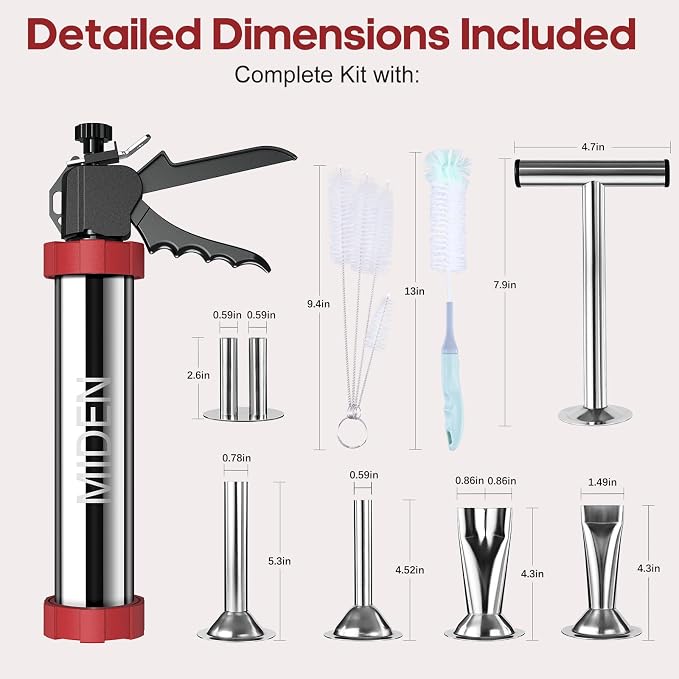 Miden 3rd Gen 2.7LB Premium Beef Jerky Gun Kits, Upgraded 316 Stainless Steel Jerky Maker,Jerky Shooter,Meat Gun,Sausage Stuffer, Beef Jerky Making Gun with 1 Meat Pusher, 5 Nozzles&5 Cleaning Brushes