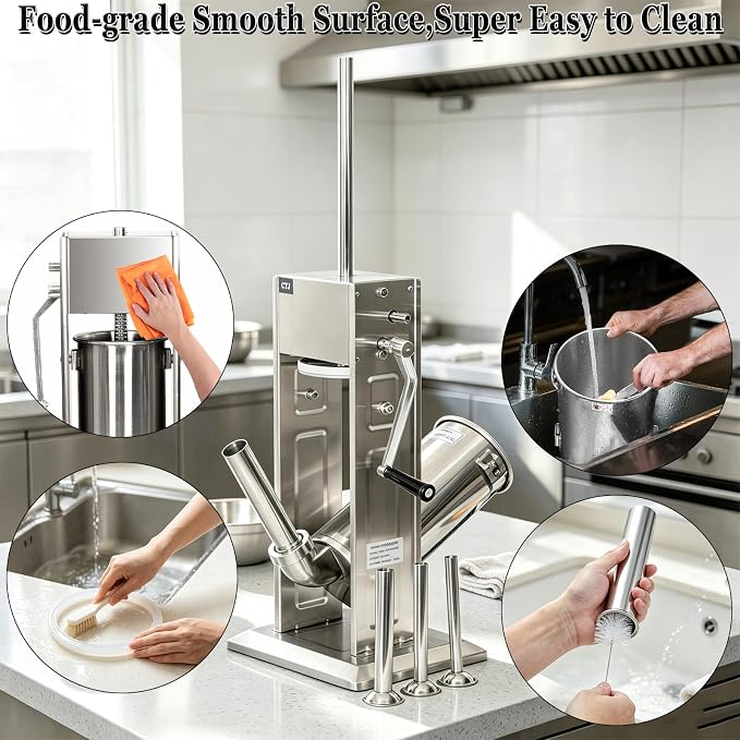 CTJ Sausage Stuffers Stainless Steel Sausage & Churro Maker 3L/7Lb,Silver | Manual 2 in 1 Sausage Stuffer & Churro Maker, 2-Speed Adjustable Vertical Sausage Maker, 4 Stuffing Tubes & Churros Nozzle