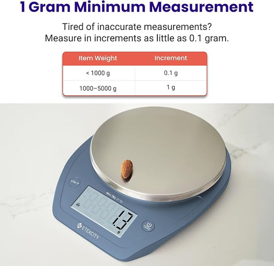 Etekcity 0.1g Food Scale, Bowl, Digital Grams and Ounces for Weight Loss, Dieting, Baking, Cooking, and Meal Prep, 11lb/5kg, Stainless Steel Prussian Blue | 11lb/5kg capacity with tare, removable bowl, ideal for baking, meal prep and portion control, S...