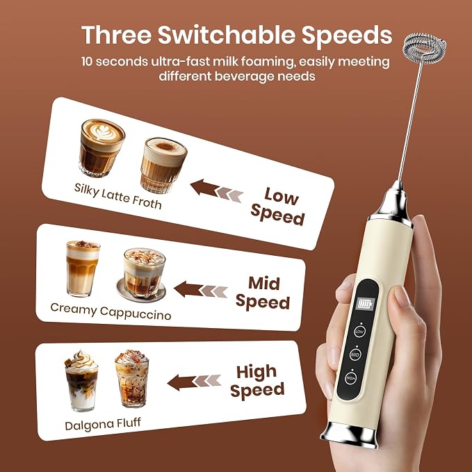 YUSWKO Beige Milk Frother Wand for Coffee, Handheld Coffee Frother, Rechargeable Drink Mixer, Waterproof Electric Whisk