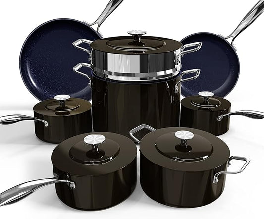 Nuwave Lux 13pc Forged Lightweight Cookware Set PFAS Free, Healthy G10 Duralon Ceramic Coating, Ultra Non-Stick, Stay-Cool Handles, Works on All Cooktops & Induction Ready