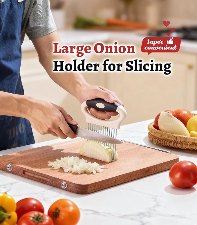 Large Onion Slicer Holder, Stainless Steel Onion Holder for Slicing, Onion Cutter Vegetable Chopper Tool with 14 Sharp Prongs for Slicing of Potato Avocados & Meat, Cooking Gadgets Tool for Fruit Prep