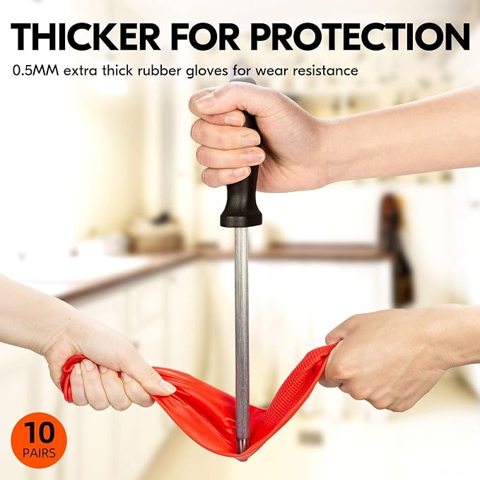 Vgo... 10-Pairs Reusable Household Gloves, Long Sleeve, Thick Latex for Kitchen, Cleaning, Washing, Working, Painting, Gardening, Pet Care (Size M, Red, RB2143)