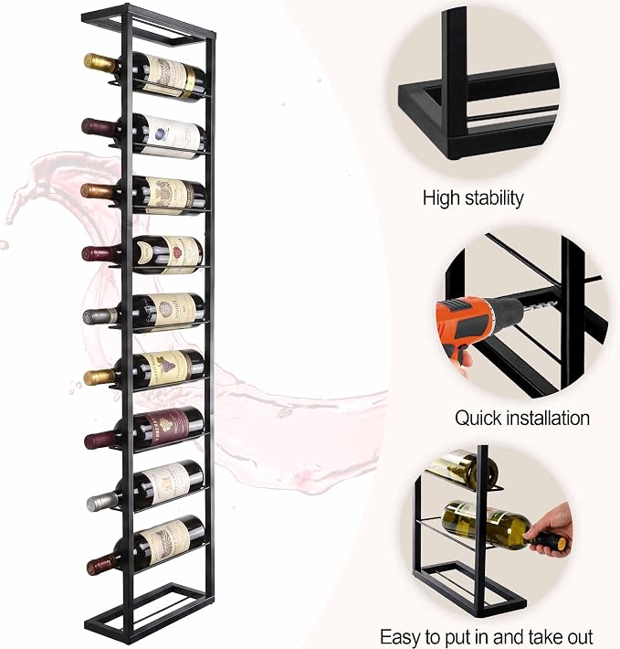 Wall Mounted Wine Rack: Metal Hanging 10 Bottle Wine Holder Liquor Storage | for Champagne & Magnum - Professional Grade for Wine Collectors - Rust-Resistant Matte Black Metal