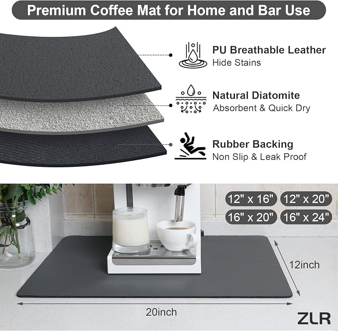 ZLR Coffee Bar Mat for Espresso Machine, 12"x20" Medium, Dark Gray | Absorbent Dish Drying Mat, Stain-Hiding PU Top, Non-Slip Back, Fits Grinder, Knock Box, Tamper & Milk Frother