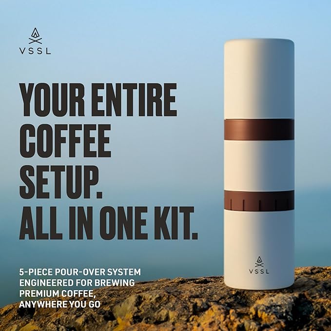 VSSL - Nest Pour Over Coffee Kit | Coffee Maker for Camping | All-In-One Travel Pour Over | Transportable Dripper, Two 10oz Stainless Steel Travel Mugs | Compact Storage & Adventure Ready | Cream