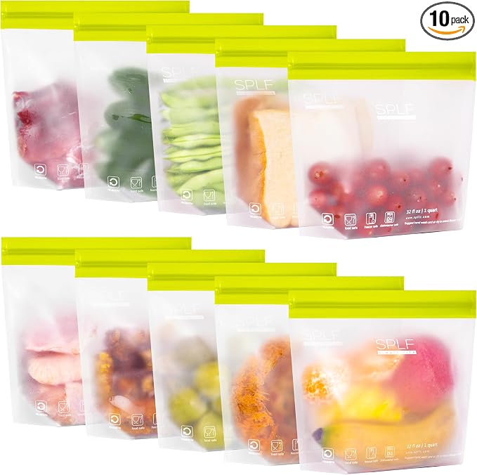 SPLF 10 Pack Stand-Up Reusable Quart Freezer Bags Dishwasher Safe | Extra Thick Leakproof 1 Quart Food Storage Bags, BPA Free Bags for Meal Prep, Sandwich, Snack, Travel Fridge Organization