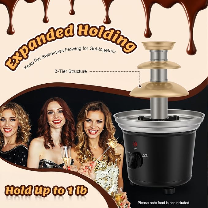 3 Tier Electric Chocolate Fountain, 120v 25w Chocolate Dipping Warmer Machine, 1 lb Capacity Hot Cocoa Fondue Tower, 430 Stainless Steel, Melts Cheese, Queso for Parties, Events & Weddings