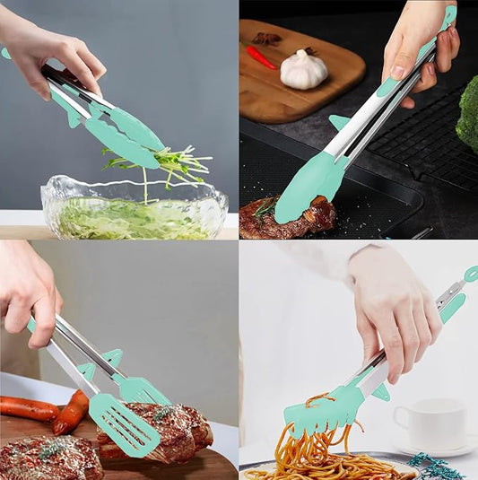 4 Pack Silicone Kitchen Cooking Tongs Set, Stainless Steel Nonstick Food Tong with BPA Free Silicone Tips for Serving Pasta Spaghetti Steak Pie Pizza Salad Vegetable Fruit Grilling BBQ Buffet 9" & 12"