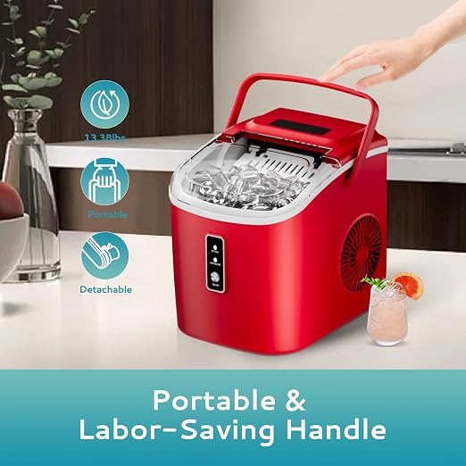 EUHOMY Countertop Ice Maker Machine with Handle, 26.5lbs Per Day, 9 Cubes in 6 Mins, Auto-Cleaning Portable Ice Maker with Basket and Scoop, for Home/Kitchen/Camping/RV (Red)