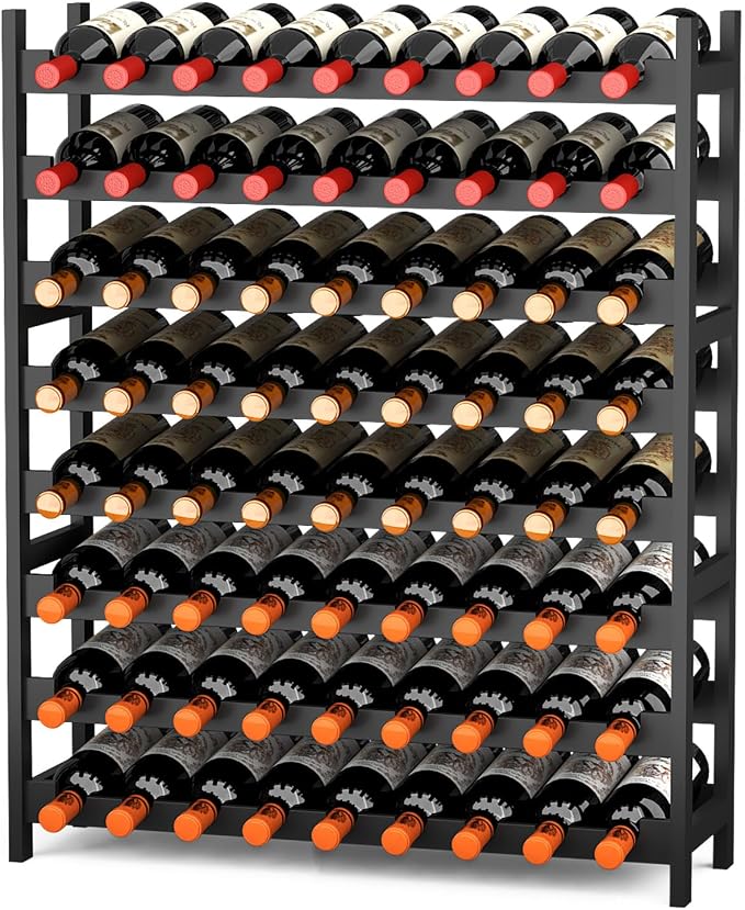 Bamboo Large Wine Rack, 8-Tier Freestanding Floor Bottle Storage Holder | 72-Bottle Storage | Wooden Wine Storage Organizer Shelves for Kitchen Bar, Cellar, & Dining Room | Black | Anti-Tip Kit