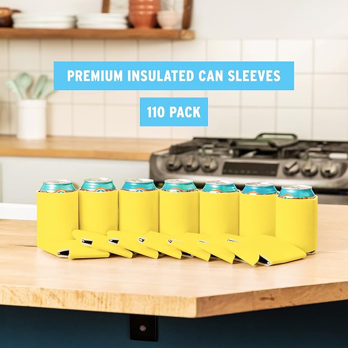Blank Beer Can Cooler Sleeves (110-Pack) - Soft Insulated Coolies, HTV Friendly Koolies in Bulk for Cans & Bottles - Coolie Blanks for Vinyl Projects & Wedding Favors (Yellow)