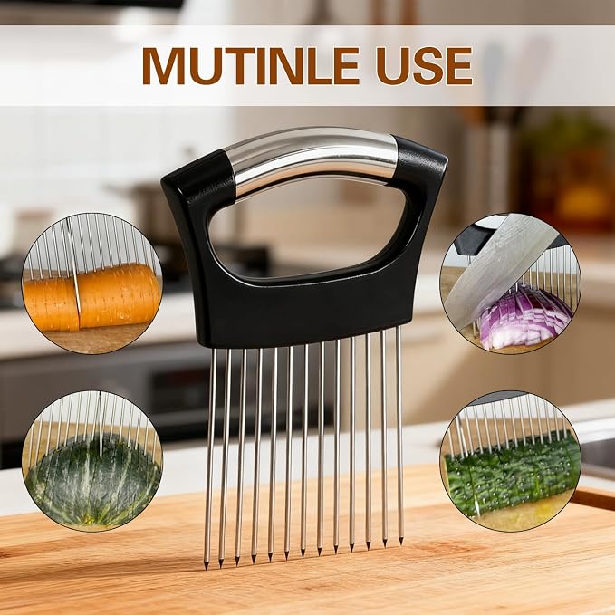 Onion Holder for Slicing, Onion Cutter Vegetable Chopper, Food Slicer Assistant Tool for Fruit Lemon and Meat,Stainless Steel Tomato Slicer Vegetable Cutter for Potato, Avocados, Eggs,