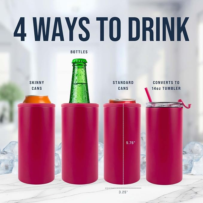 4 in 1 Universal Can Cooler - Hot Pink, Can Holder Insulated, Beer Bottle Cooler, Universal Holder for All Drink Sizes, Stainless Steel Insulated Tumbler, Tailgating Accessories
