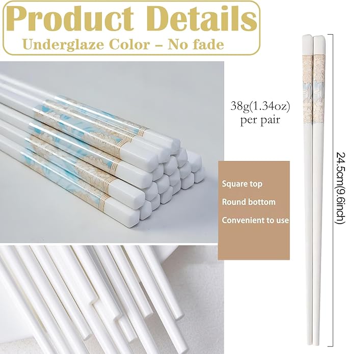 Ceramic Chopsticks Reusable,Porcelain Chop Sticks,Mirage Jubilee,9.7'' | Easy to Clean,Dishwasher Safe,Heat Resistant,5 Pairs,with a Gift case,Cooking Chopsticks,High-grade Bone China Porcelain