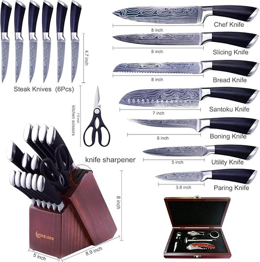 Japanese Knife Block Set 15PCS with Bulid-in Sharper in Knife Block and 6 Steak Knives Professional Self Sharpening Knives Set Damasucs Style German Stainless Steel Best Housewarming&Wedding Gift