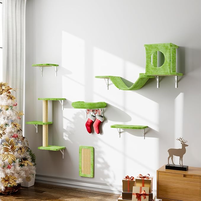 NUNU LAB Wall Mounted Cat Climber Set, 6 Pcs Cat Furniture Set with House, Bridge, Steps, Scratcher Board and Hammock, Shelves for Indoor, Luxury Walls Furniture, Light Green