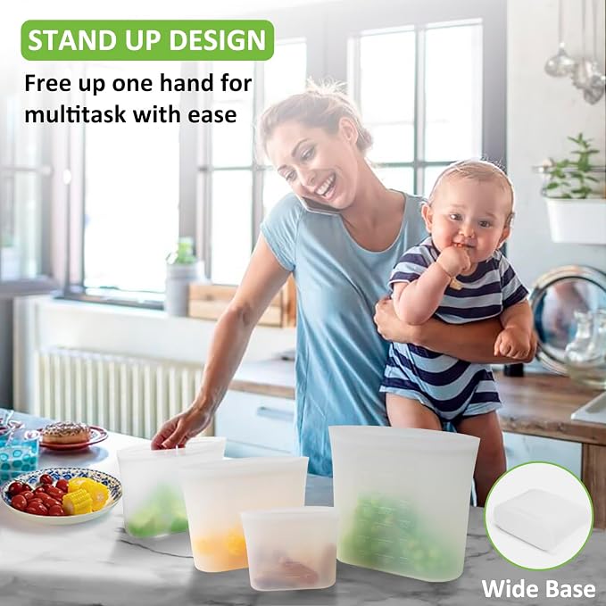 100% Silicone Reusable Storage Bag, 9 Pack Stand-Up Wide-Mouth Zip-Lock Food Storage Bags, Easy-Fill Easy-Open Easy-Clean Space-Saving, Microwave & Dishwasher Safe, Gallon/Sandwich/Snack, Translucent
