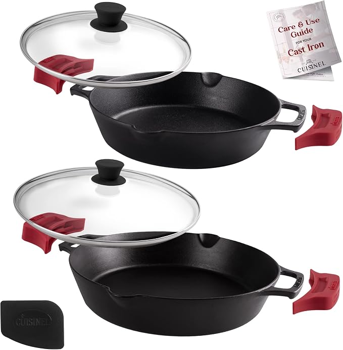 Cast Iron Skillet Set - 10" + 12"-Inch Dual Handle Frying Pans + Glass Lids + Silicone Handle Holder Covers - Pre-seasoned Oven Safe Cookware - Indoor/Outdoor Use - Grill, Stovetop, Induction Safe