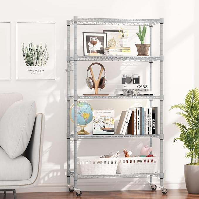 Himimi 5-Tier Storage Shelf Wire Shelving Unit on Wheels, Adjustable Heavy Duty Metal Shelves with Side Hooks, Steel Rack Organization for Kitchen Garage Basement, Silver