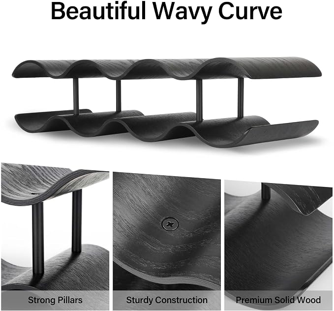 Countertop Wine Rack - 7 Bottle Freestanding Wine Bottle Holder Stand - 2 Tier Wooden Wine Storage Rack - Black Wavy Wine Organizer for Cabinet Pantry Home Kitchen Bar