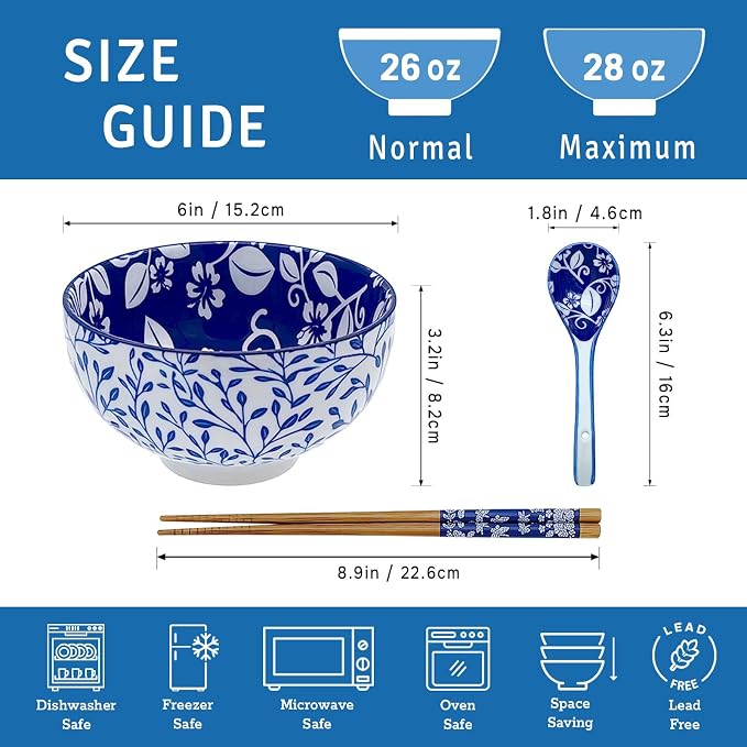 28Oz Ceramic Ramen Noodle Pho Bowl Set with Chopstick&Spoon&Gift box | Lead & Cd Free, Food Safe, Microwave/Oven/Dishwasher Safe, Matching pattern set, foam packed, ideal all-occasion gift
