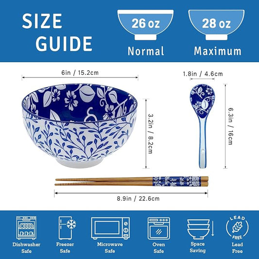 28Oz Ceramic Ramen Noodle Pho Bowl Set with Chopstick&Spoon&Gift box | Lead & Cd Free, Food Safe, Microwave/Oven/Dishwasher Safe, Matching pattern set, foam packed, ideal all-occasion gift
