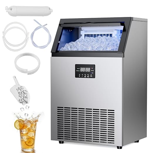 Commercial Ice Maker Machine - 150 Lbs/24H, Commercial Ice Machine with 50 LBS Storage Bin, Under Counter or Freestanding Ice Maker, 45 Ice Cubes in 5-15 min, Thicknesses Adjustable, Stainless Steel
