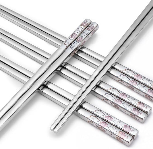Stainless Steel Chopsticks, Titanium Plated Metal Chopsticks, 9.8" Premium Japanese Korean Color Laser Engraved Cooking Chop Sticks, Dishwasher Safe, Reusable, Anti-slip, Anti-scald, 2 Pairs Gift Set