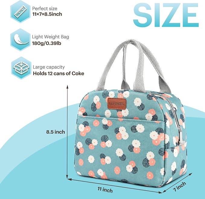 Lunch Bag for Women & Men Adult Insulated Lunch Box, Small Leakproof Cooler Food Lunch Containers Reusable High Capacity Lunch Tote Bags for Work, Travel, Outdoor - Green Flower