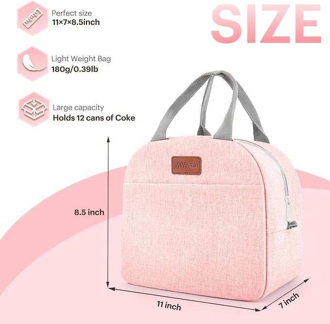 Lunch Bag for Women & Men Adult Insulated Lunch Box, Small Leakproof Cooler Food Lunch Containers Reusable High Capacity Lunch Tote Bags for Work, Travel, Outdoor - Light Pink