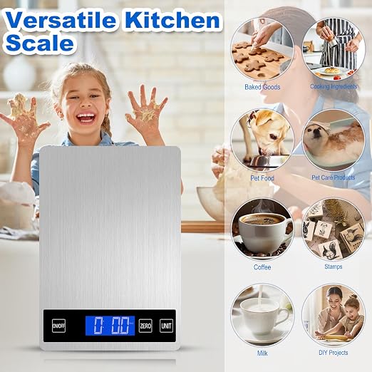 Food Scale, 22lb Digital Kitchen Scale with 1g/0.1oz Accuracy, 5 Units (g/kg/lb:oz/ml/fl.oz), Backlit LCD, 9x6.3x0.8 Inch Stainless Steel Panel, Hidden Hook, Batteries Included