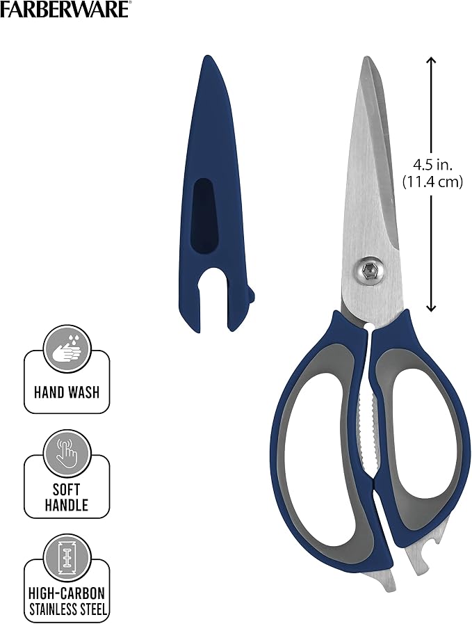 Farberware 4-in-1 Kitchen Scissors, Multi-Function Kitchen Shears with Jar Opener, Bottle Opener and Screwdriver, High-Carbon Stainless Steel Blades, Navy and Grey Ergonomic Handles with Sheath