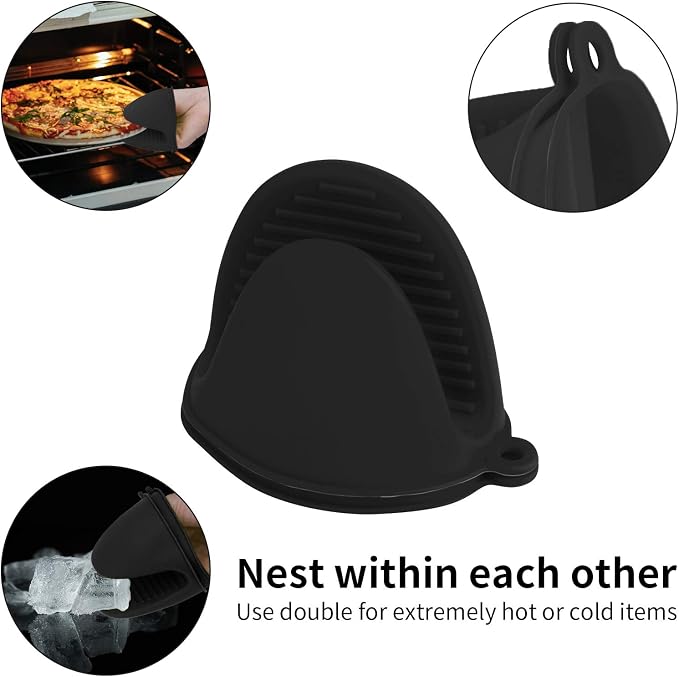 Vaincre 4PCS Silicone Oven Mitts Heat Resistant, Silicone Potholders for Kitchen, Mini Rubber Oven Glove Kitchen Mittens, Cute Cooking Mitts (Black and Black) | Food Grade Silicone, Non-Slip Grip, Waterproof, Mini Size, Flexible, Dishwasher Safe, For C...