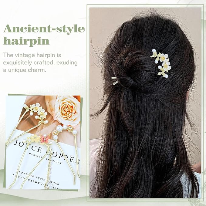 Lawie 10 Pack Cute Flower Butterfly U Shaped Gold Metal Hair Fork Pins Curved Chopsticks for Hair Sticks with Dangles French Hair Pins Bun Holder Decorative Hair Accessories for Women Girls (Gold A)