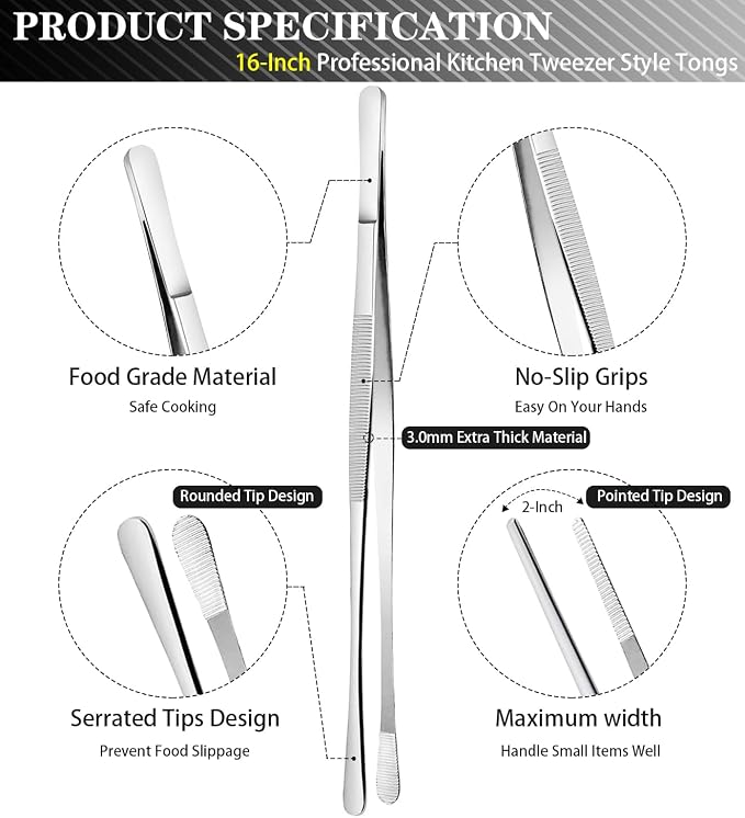 JETKONG 2 Pcs 16'' Tweezer Tongs, Extra Large Food Tweezers, Extra Long Kitchen Tweezers for Cooking Repairing and BBQ (16-Inch, Silver)