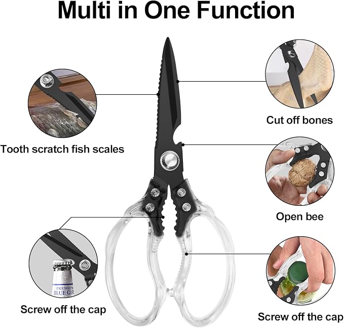 CGBE Kitchen Scissors, Multi-Purpose Kitchen Shears, Heavy Duty Food Scissors for Chicken, Poultry, Fish, Meat & Herbs with Non-Slip Grips (Transparent Black)