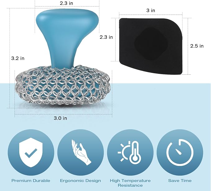 Cast Iron Scrubber Dish Scrub Brush for Cast Iron Pan Skillet | 316 Cast Iron Cleaner, Chain Mail Scrubber Cast Iron, Dish Scouring Pad, Dishwasher Safe, Cleaning Kit, Blue