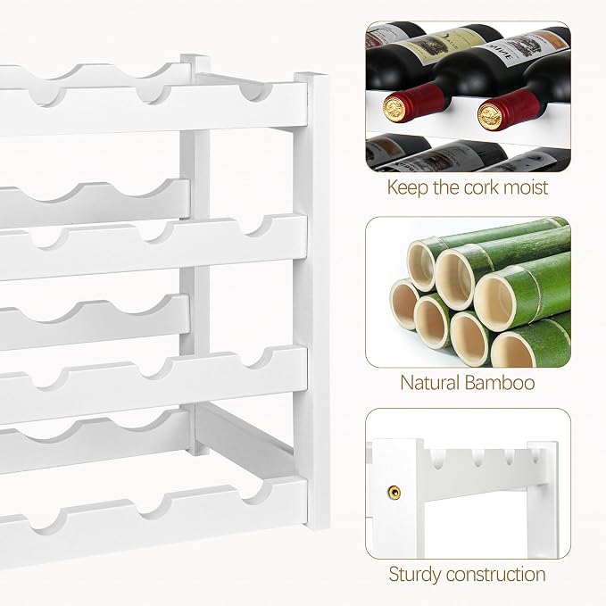VASMIA Wine Rack, 4-Tier Bamboo Wine Racks Countertop,Sturdy and Durable Wine Storage Cabinet Shelf,16 Bottles Wine Holder for Kitchen Pantry, White