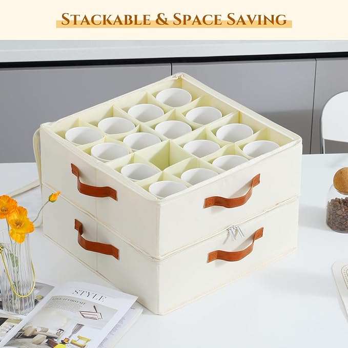 Foyego Cup and Mug Storage Box, Beige, 2 Pack | 32 Adjustable Dividers, Hard Shell, with Transparent Lid, 3 Handles, Zippers, Stackable Storage Organizers for Packing&Moving