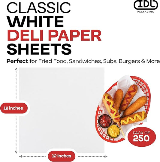 White Deli Paper Sheets, 12" x 12" (250 pcs.) - USA-Made Premium Food Basket Liners - PFAS-free Grease Resistant Deli Paper Sheets for Snack & Baking Wrap, Picnic & Party by IDL Packaging