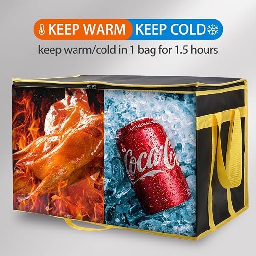 Bodaon Insulated Food Delivery Bag, XXXL Grocery Bags, Black-Yellow, 1Pk | Pizza Delivery Bags for Hot and Cold Food, Commercial, Large Capacity Reusable Warming Bag, Catering Cooler Bag for Rideshare