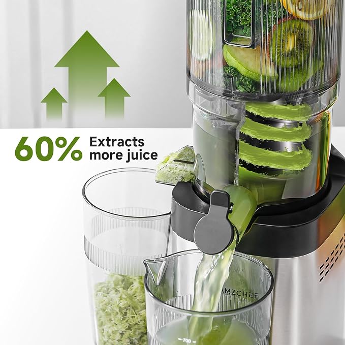 AMZCHEF Cold Press Juicer, 5.4" Whole Fruit Self-Feeding Slow Juicer | Stainless Steel Slow Masticating Juicer Easy to Clean | Triple Strainers | Large Auger | High Yield