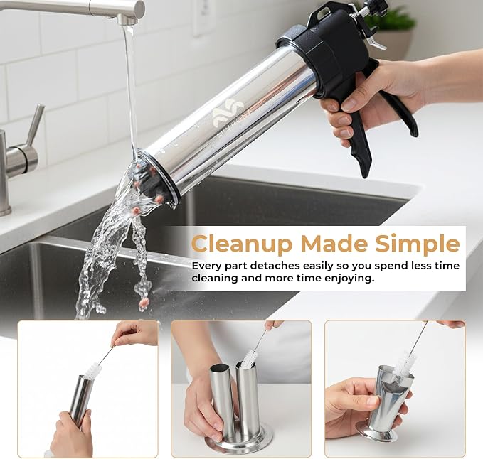 Stainless Steel Jerky Gun & Sausage Stuffer Kit – 1.5 lb Capacity, 5 Nozzle Set, Meat Pusher, 5 Cleaning Brushes, & Food-Safe Gloves – For Beef Jerky, Snack Sticks & Bratwurst