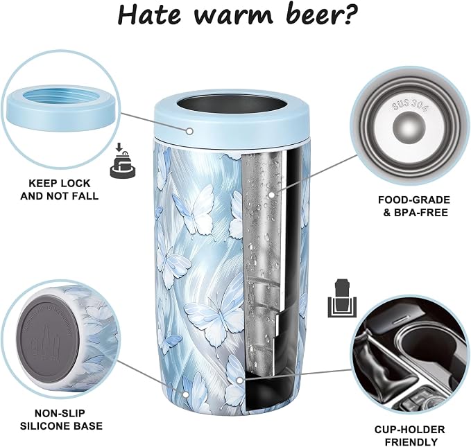 4-in-1 Slim Can Cooler Easy to Hold Insulated Beer Can Holder Double-Walled Stainless Steel for All 12 Oz Cans Blue Butterfly